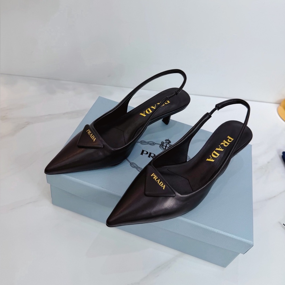 Prada Black Pointed Leather Slingback Pumps with Logo